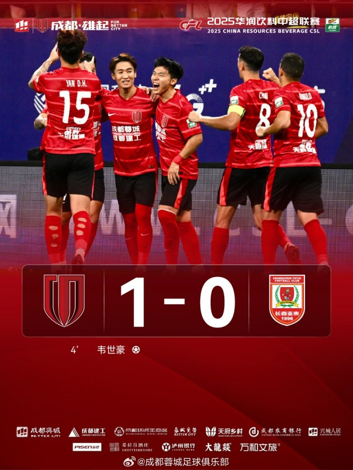 成都蓉城1-0长春亚泰，让我们一起继续以热爱为力量共赴下一场
